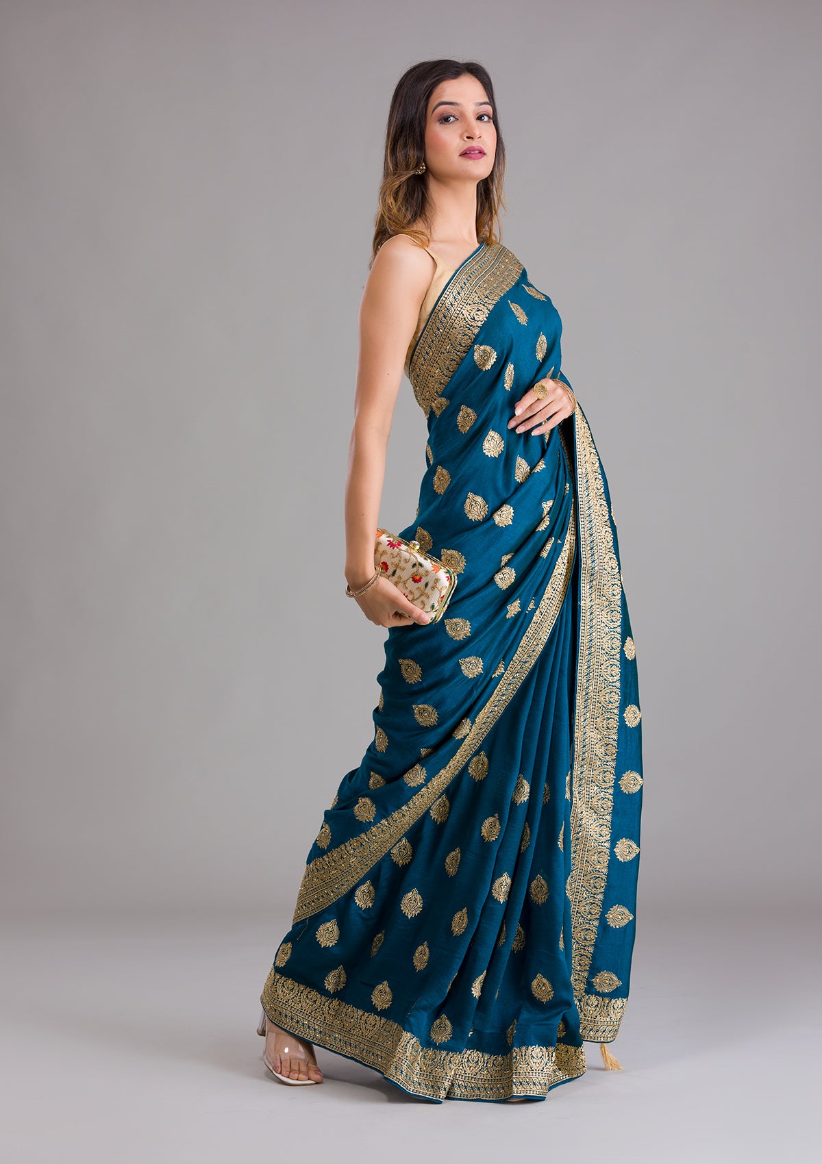 Peacock Blue Zariwork Semi Crepe Saree-Koskii