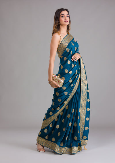 Peacock Blue Zariwork Semi Crepe Saree-Koskii