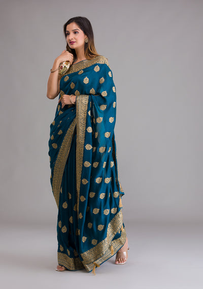 Peacock Blue Zariwork Semi Crepe Saree-Koskii