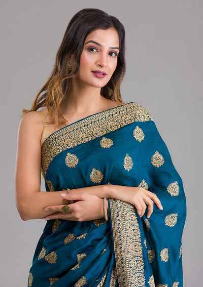 Peacock Blue Zariwork Semi Crepe Saree-Koskii