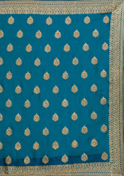 Peacock Blue Zariwork Semi Crepe Saree-Koskii