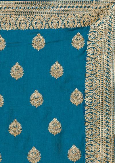 Peacock Blue Zariwork Semi Crepe Saree-Koskii