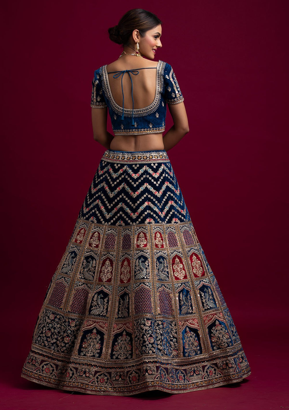Peacock Blue Zariwork Velvet Designer Semi-Stitched Lehenga - koskii