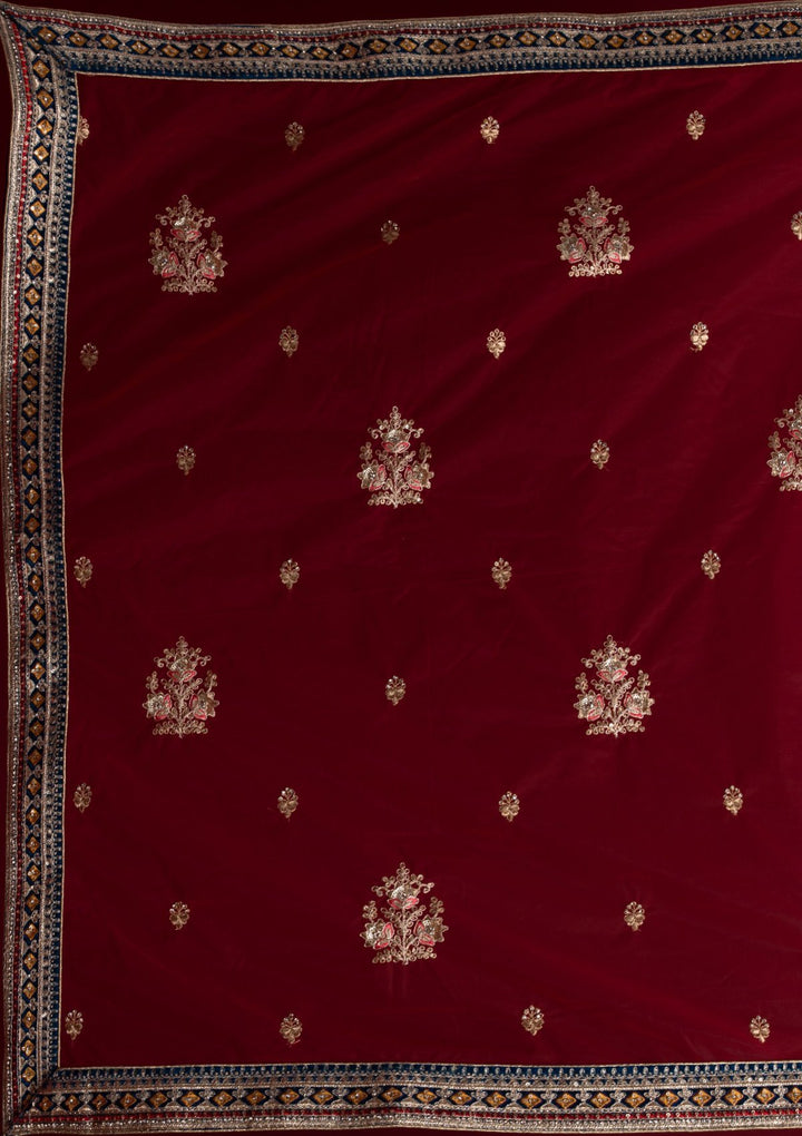 Peacock Blue Zariwork Velvet Designer Semi-Stitched Lehenga - koskii