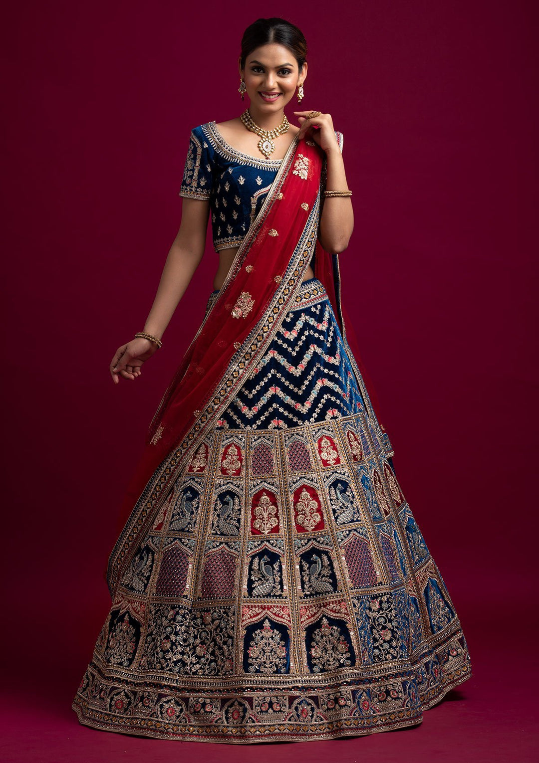 Peacock Blue Zariwork Velvet Designer Semi-Stitched Lehenga - koskii