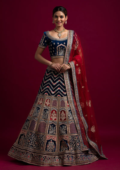 Peacock Blue Zariwork Velvet Designer Semi-Stitched Lehenga - koskii