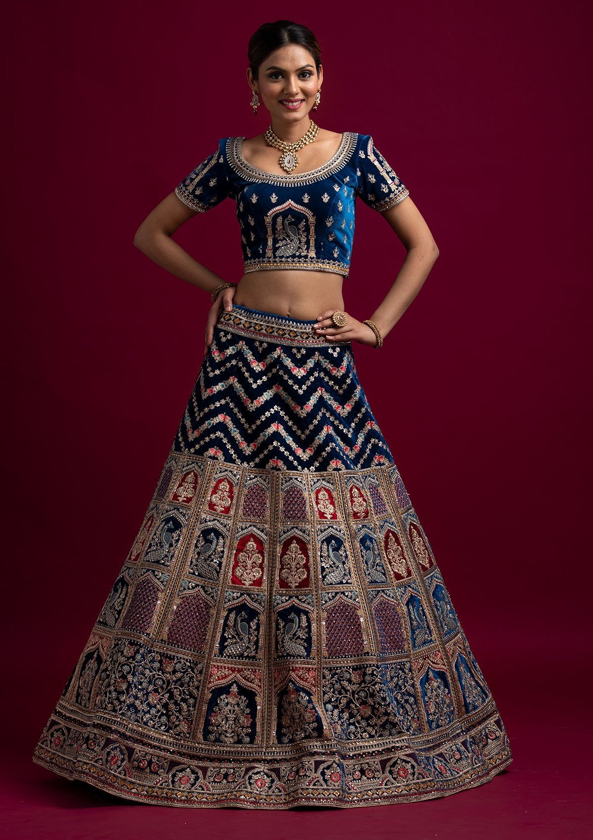 Peacock Blue Zariwork Velvet Designer Semi-Stitched Lehenga - koskii