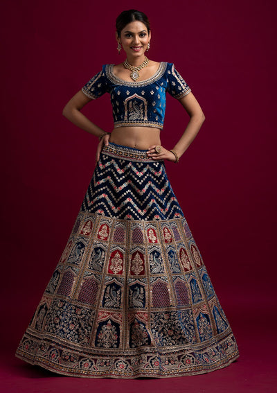 Peacock Blue Zariwork Velvet Designer Semi-Stitched Lehenga - koskii