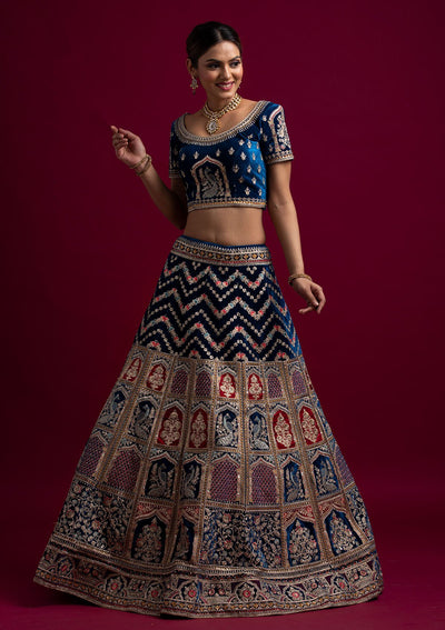 Peacock Blue Zariwork Velvet Designer Semi-Stitched Lehenga - koskii