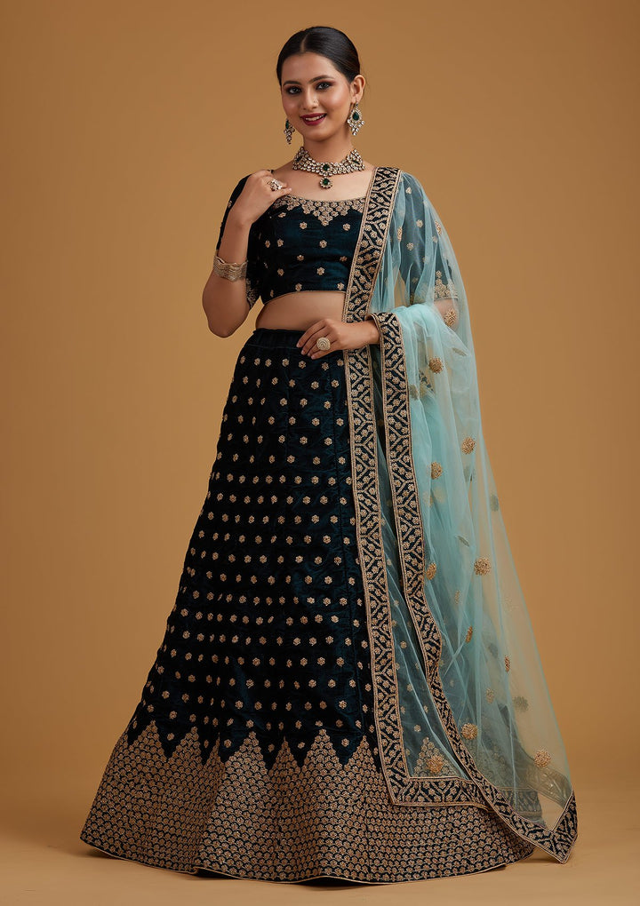 Peacock Blue Zariwork Velvet Designer Semi-Stitched Lehenga - koskii