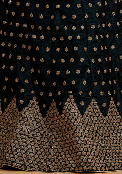 Peacock Blue Zariwork Velvet Designer Semi-Stitched Lehenga - koskii
