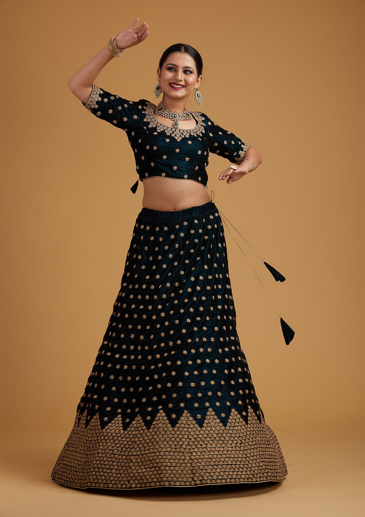Peacock Blue Zariwork Velvet Designer Semi-Stitched Lehenga - koskii