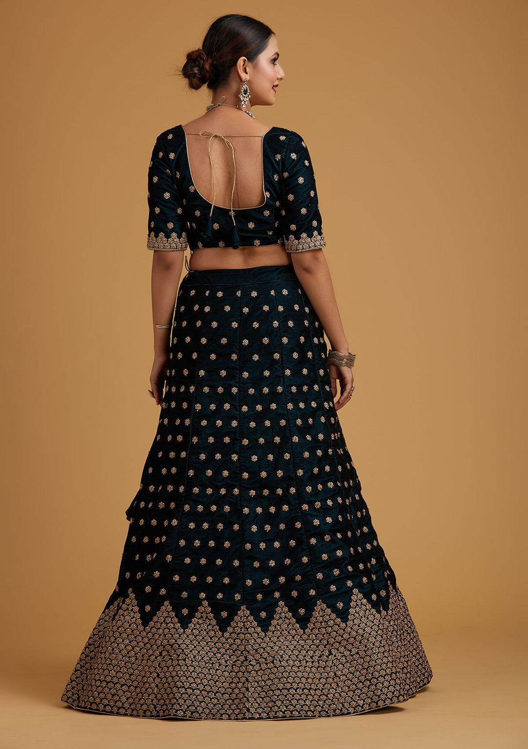 Peacock Blue Zariwork Velvet Designer Semi-Stitched Lehenga - koskii