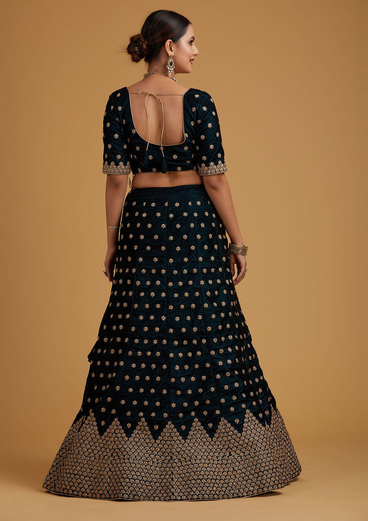 Peacock Blue Zariwork Velvet Designer Semi-Stitched Lehenga - koskii