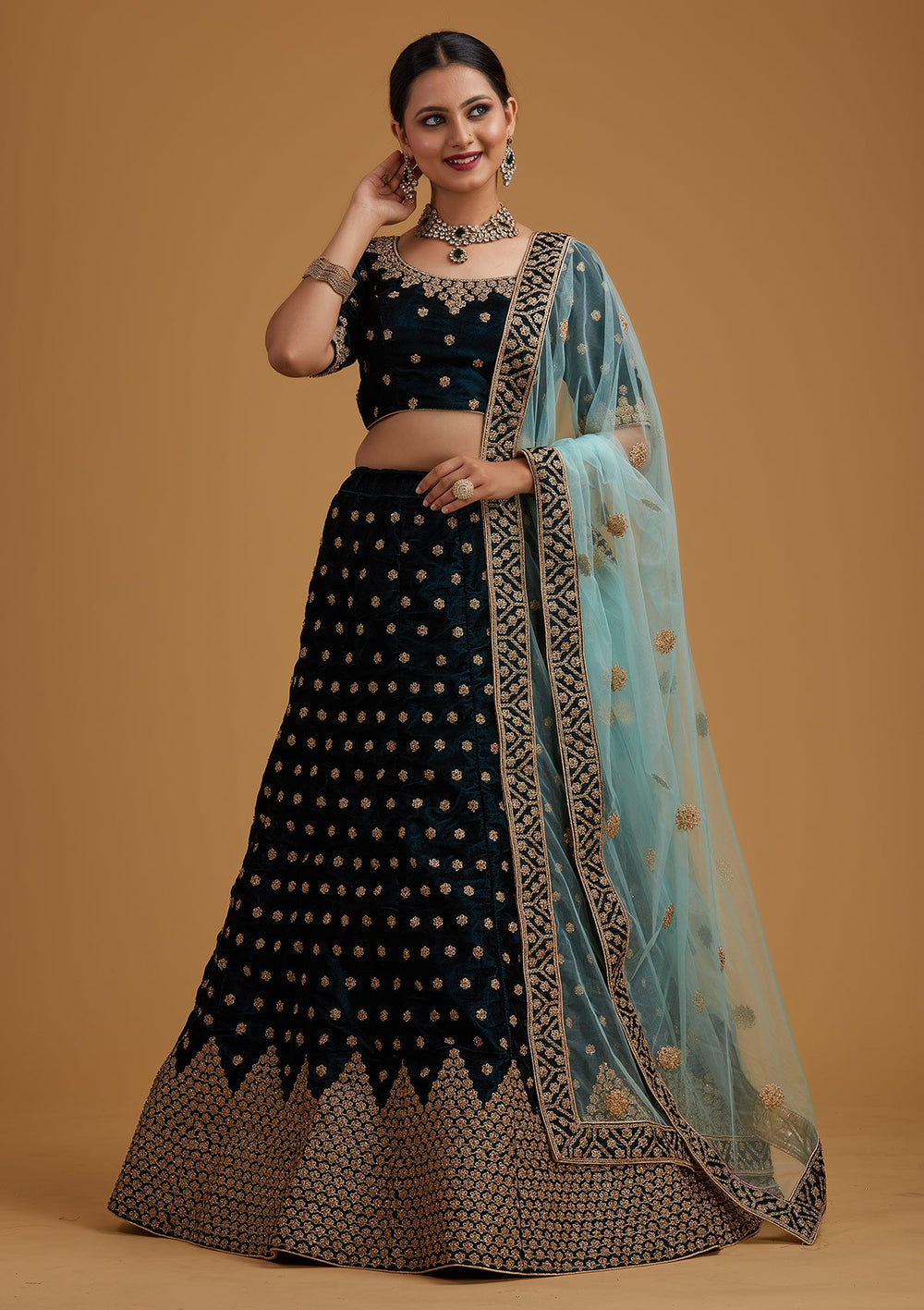 Peacock Blue Zariwork Velvet Designer Semi-Stitched Lehenga - koskii