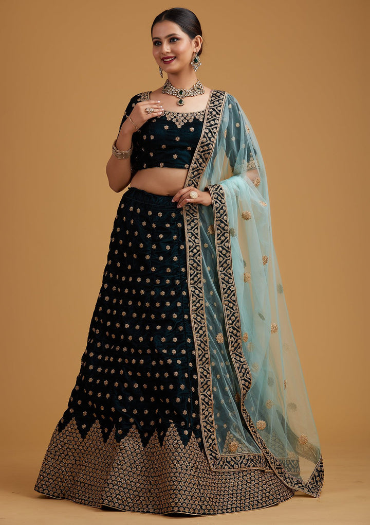 Peacock Blue Zariwork Velvet Designer Semi-Stitched Lehenga - koskii