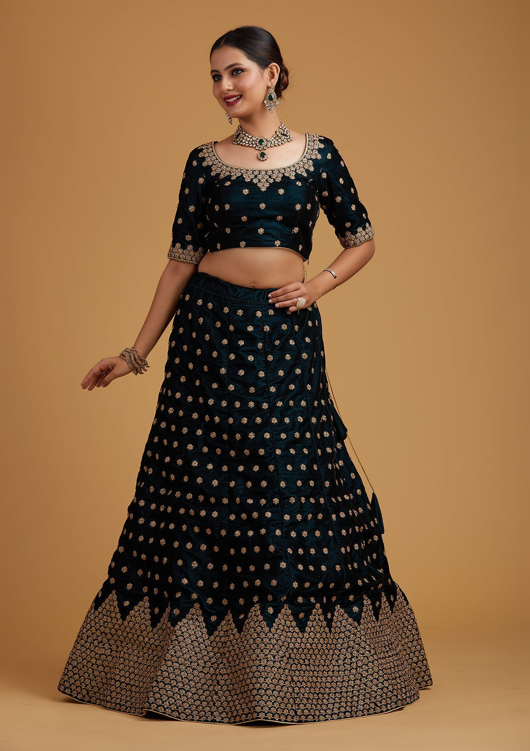 Peacock Blue Zariwork Velvet Designer Semi-Stitched Lehenga - koskii