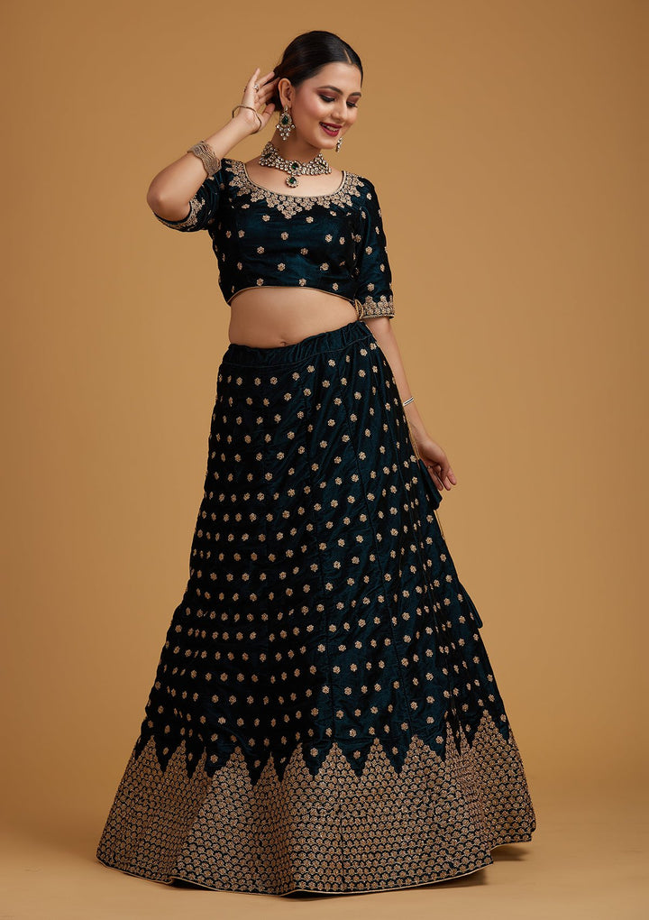 Peacock Blue Zariwork Velvet Designer Semi-Stitched Lehenga - koskii