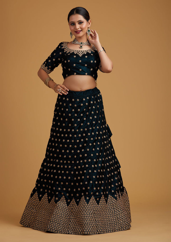 Peacock Blue Zariwork Velvet Designer Semi-Stitched Lehenga - koskii