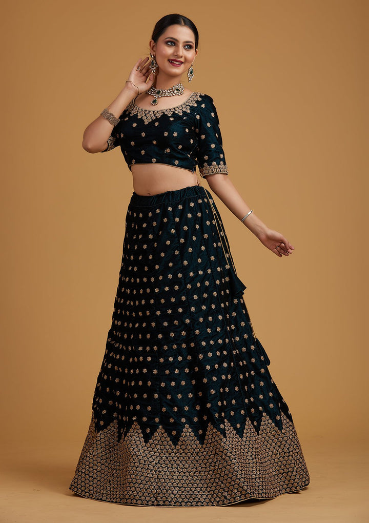 Peacock Blue Zariwork Velvet Designer Semi-Stitched Lehenga - koskii