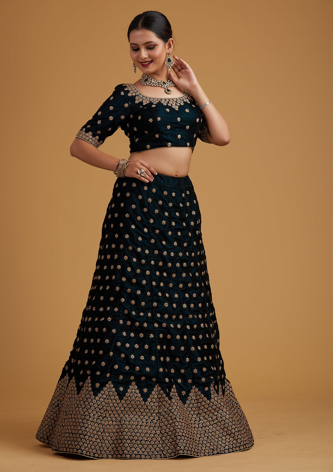 Peacock Blue Zariwork Velvet Designer Semi-Stitched Lehenga - koskii