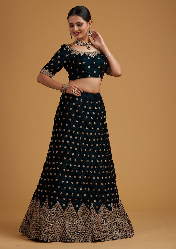 Peacock Blue Zariwork Velvet Designer Semi-Stitched Lehenga - koskii
