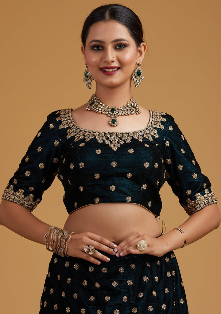 Peacock Blue Zariwork Velvet Designer Semi-Stitched Lehenga - koskii