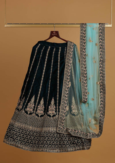 Peacock Blue Zariwork Velvet Designer Semi-Stitched Lehenga - koskii