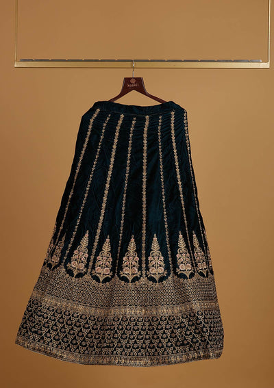Peacock Blue Zariwork Velvet Designer Semi-Stitched Lehenga - koskii