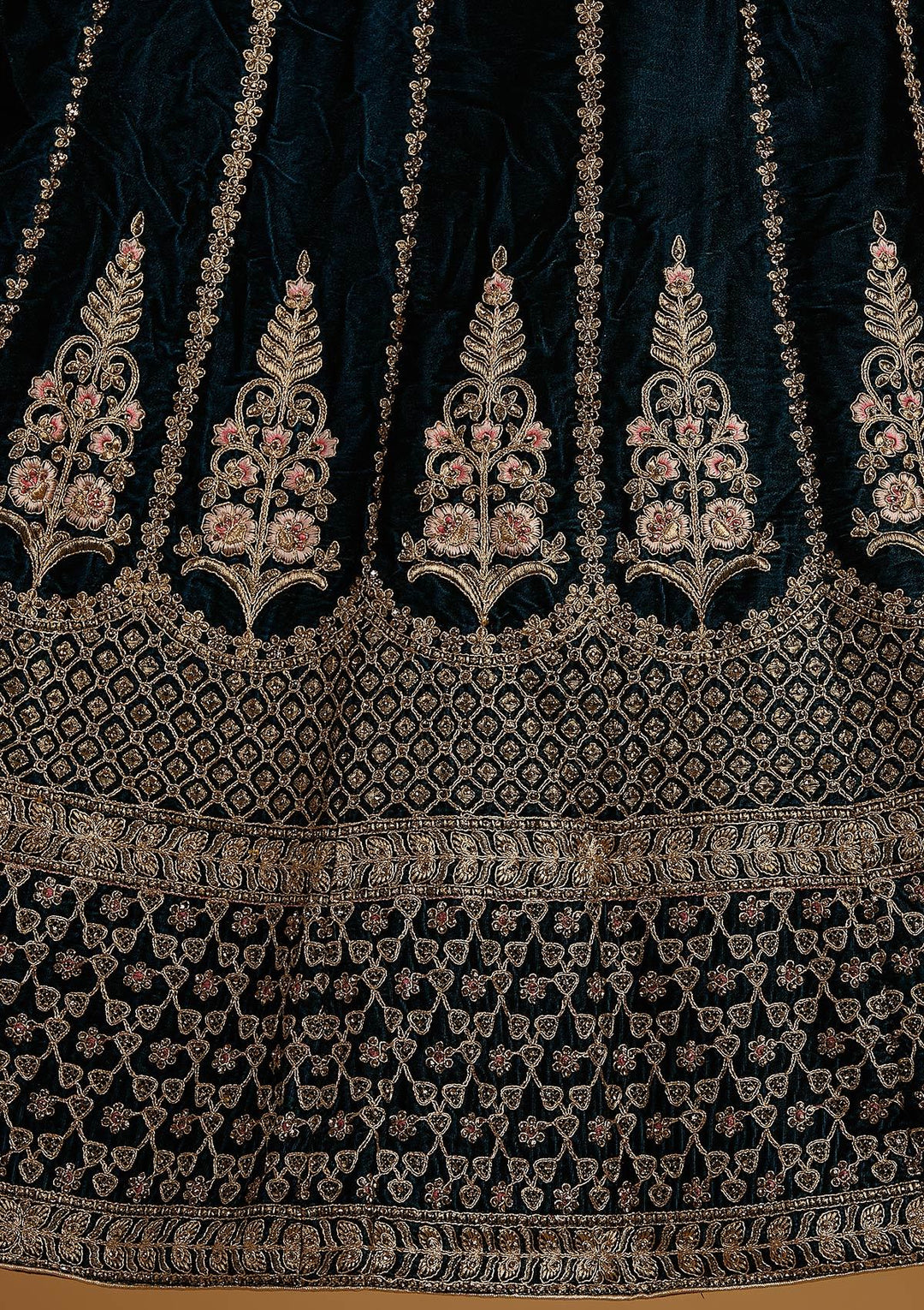 Peacock Blue Zariwork Velvet Designer Semi-Stitched Lehenga - koskii