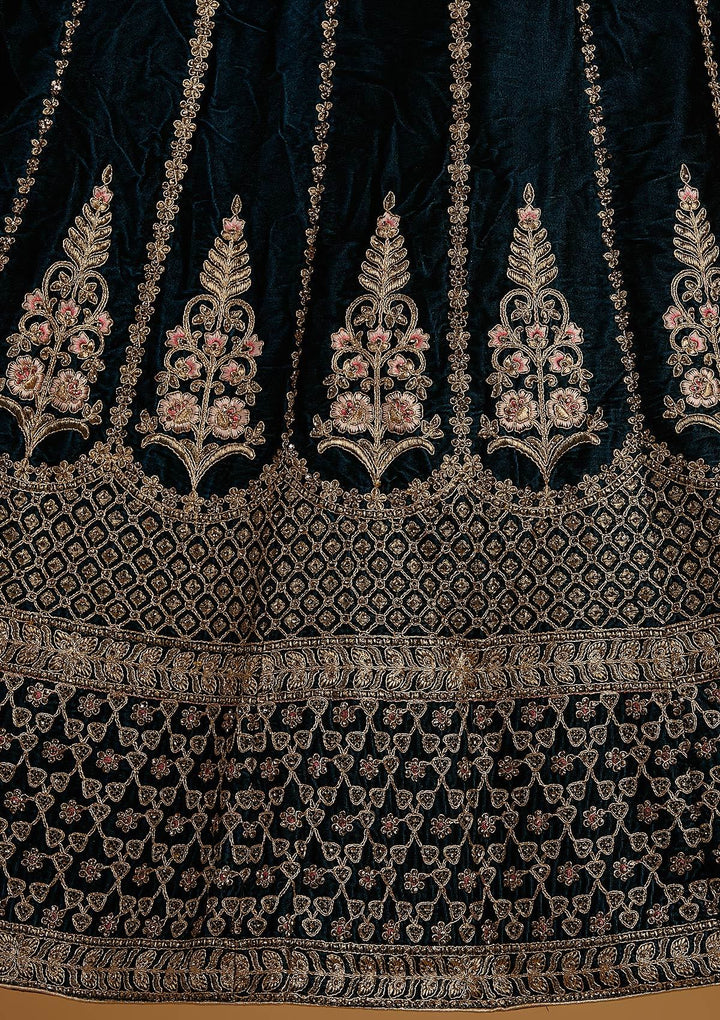 Peacock Blue Zariwork Velvet Designer Semi-Stitched Lehenga - koskii