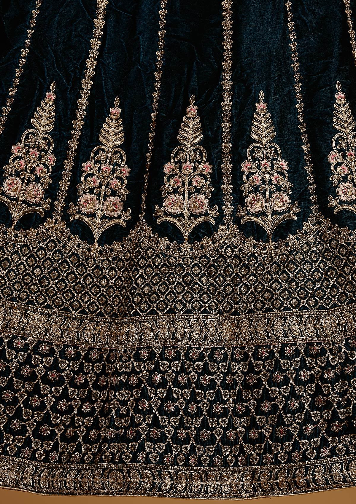 Peacock Blue Zariwork Velvet Designer Semi-Stitched Lehenga - koskii