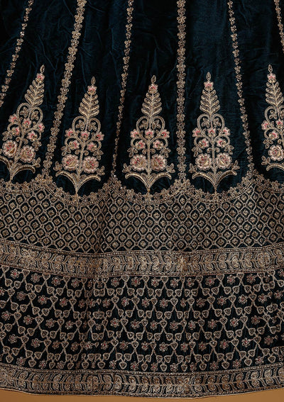Peacock Blue Zariwork Velvet Designer Semi-Stitched Lehenga - koskii