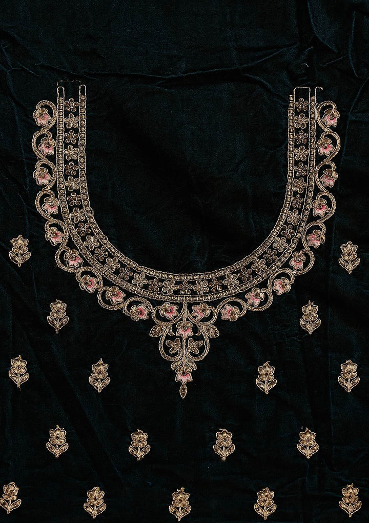 Peacock Blue Zariwork Velvet Designer Semi-Stitched Lehenga - koskii