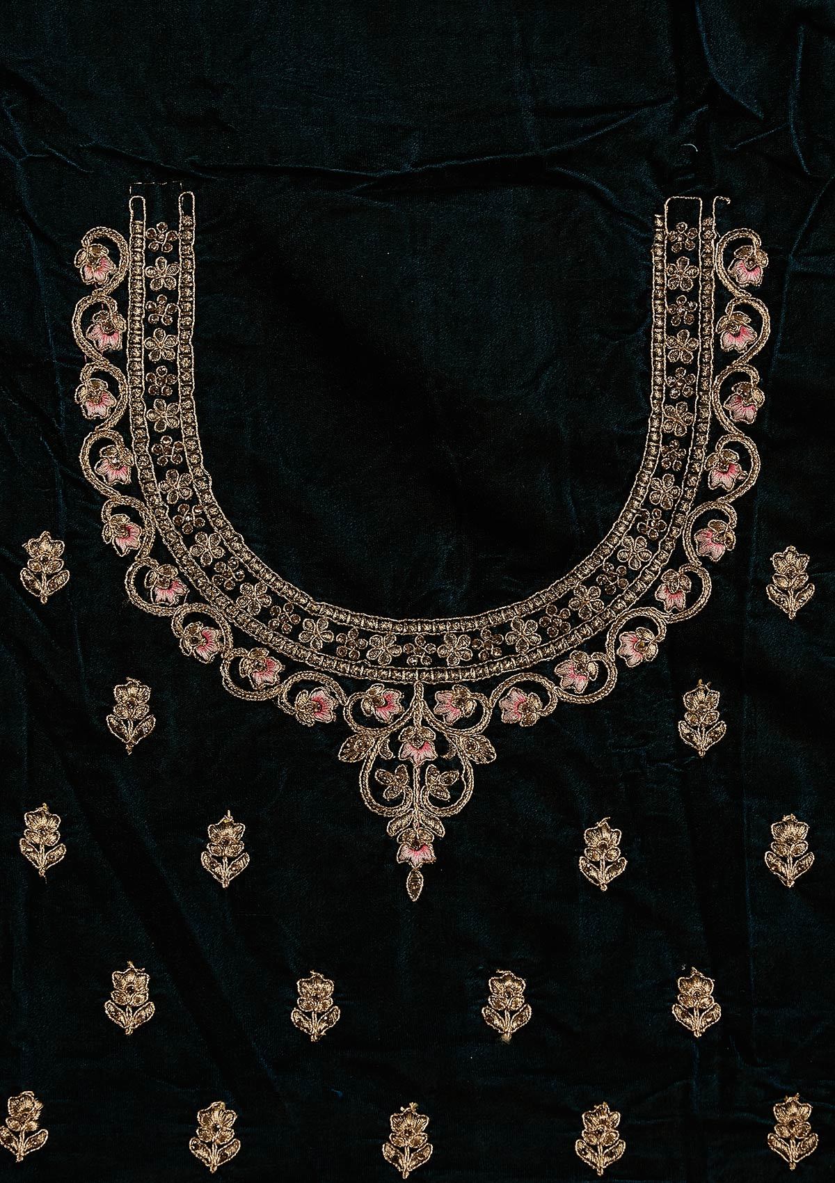 Peacock Blue Zariwork Velvet Designer Semi-Stitched Lehenga - koskii