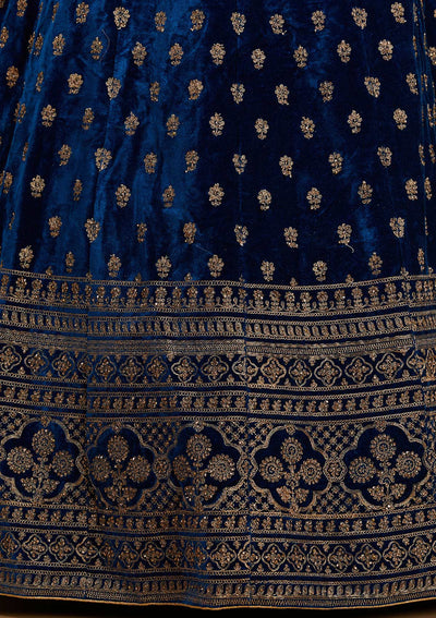 Peacock Blue Zariwork Velvet Designer Semi-Stitched Lehenga - Koskii
