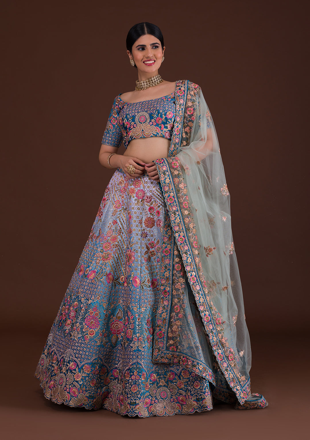 Peacock Blue Zariwork Velvet Designer Lehenga-Koskii