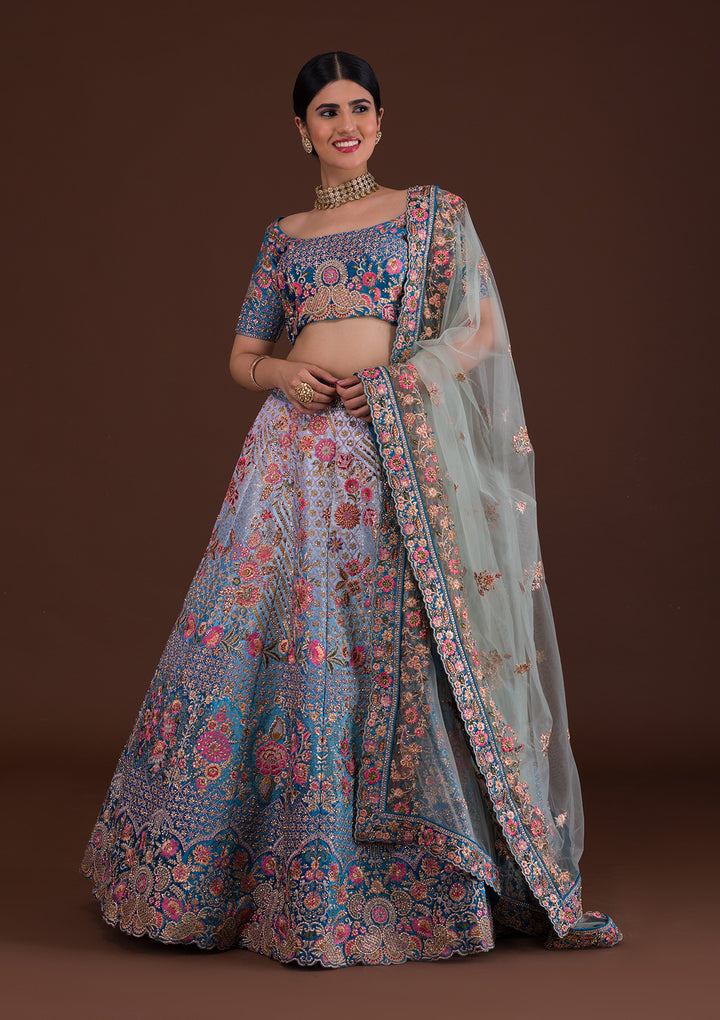 Peacock Blue Zariwork Velvet Designer Lehenga-Koskii