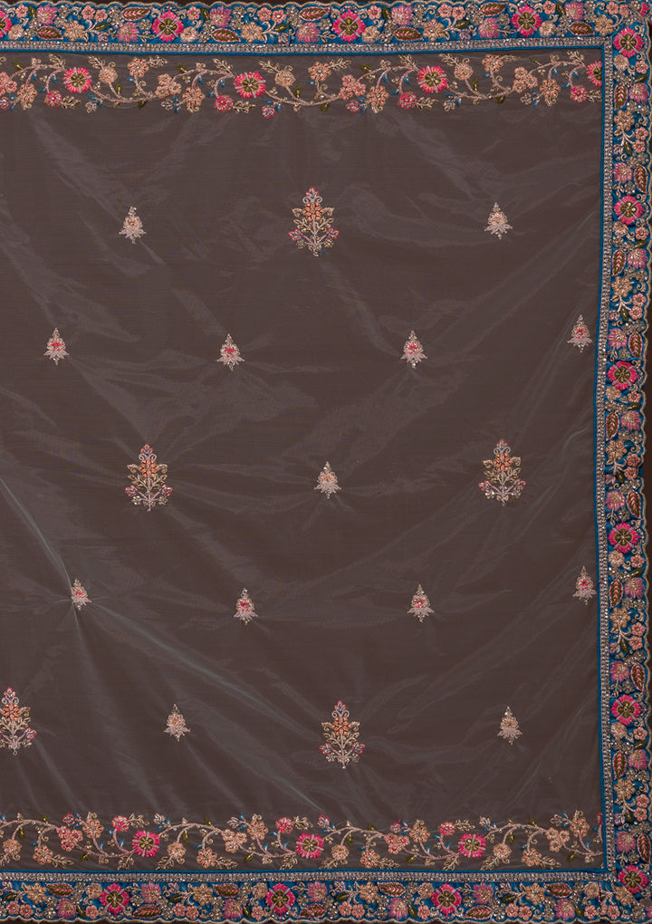 Peacock Blue Zariwork Velvet Designer Lehenga-Koskii