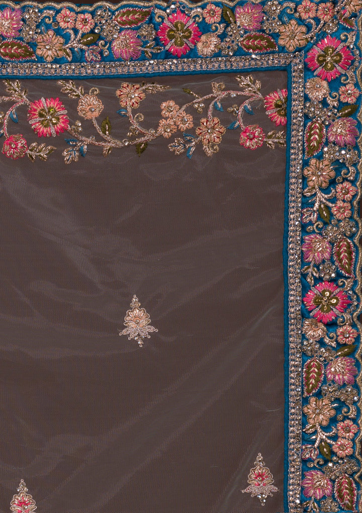 Peacock Blue Zariwork Velvet Designer Lehenga-Koskii