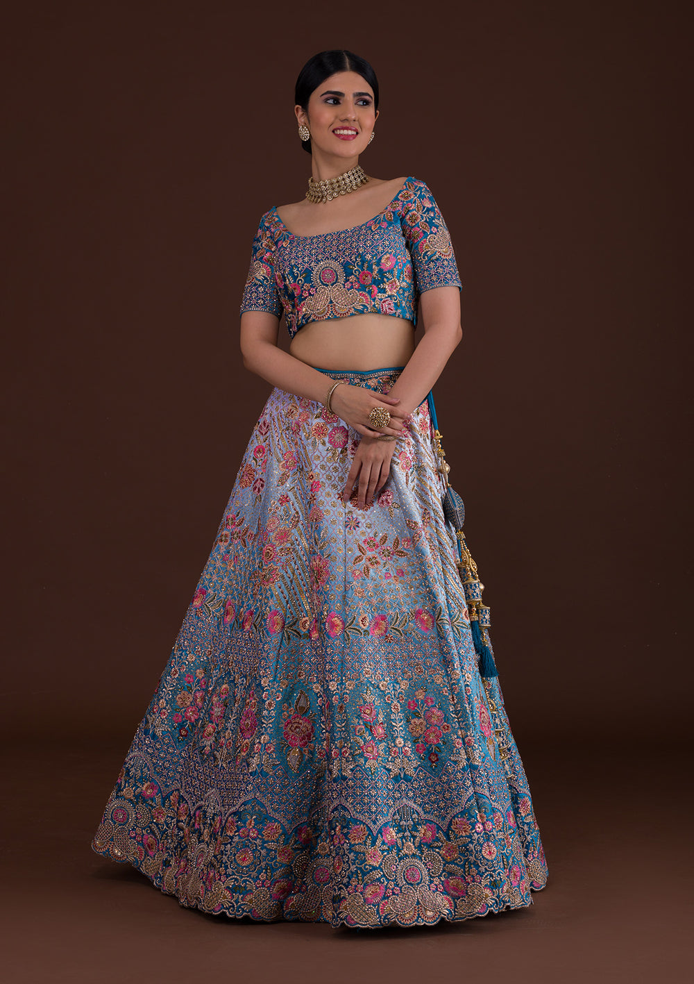 Peacock Blue Zariwork Velvet Designer Lehenga-Koskii