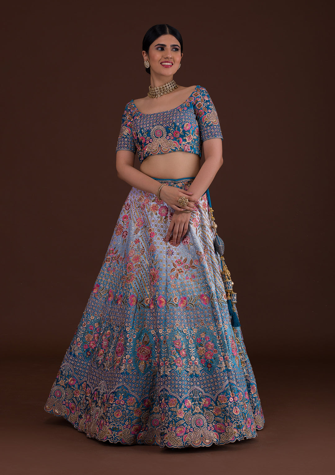Peacock Blue Zariwork Velvet Designer Lehenga-Koskii