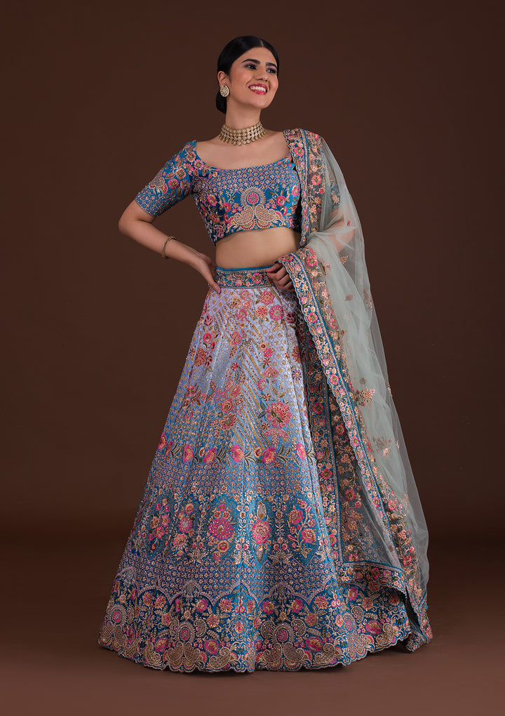 Peacock Blue Zariwork Velvet Designer Lehenga-Koskii