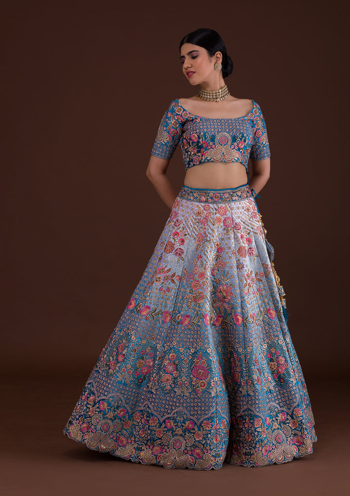 Peacock Blue Zariwork Velvet Designer Lehenga-Koskii