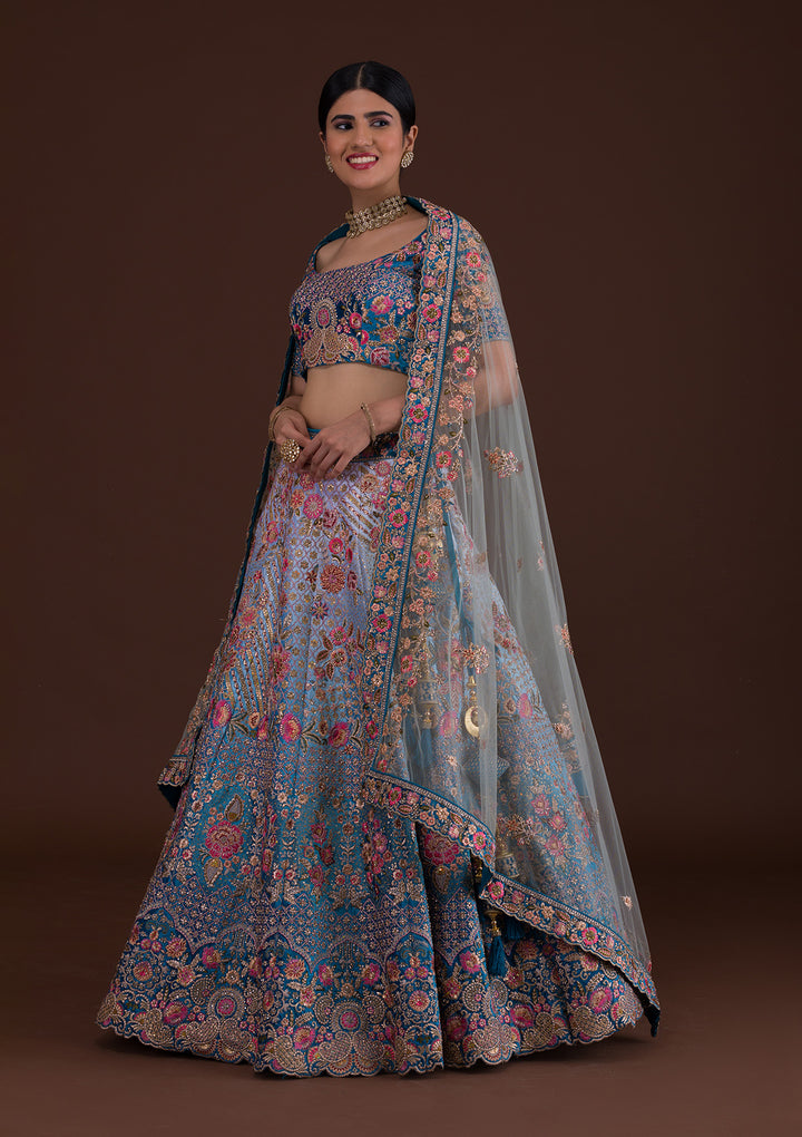 Peacock Blue Zariwork Velvet Designer Lehenga-Koskii