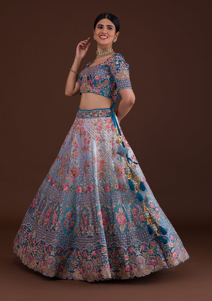 Peacock Blue Zariwork Velvet Designer Lehenga-Koskii