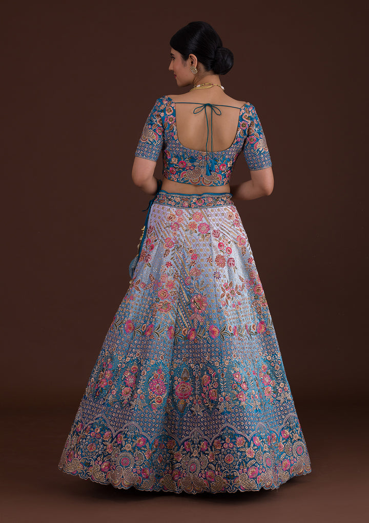 Peacock Blue Zariwork Velvet Designer Lehenga-Koskii