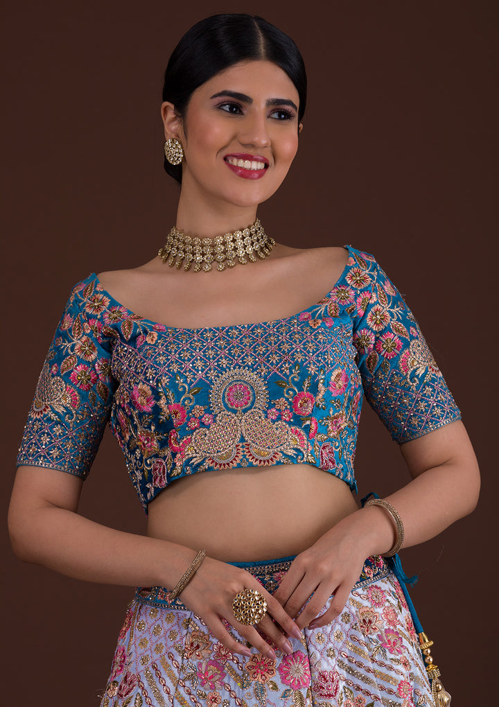 Peacock Blue Zariwork Velvet Designer Lehenga-Koskii