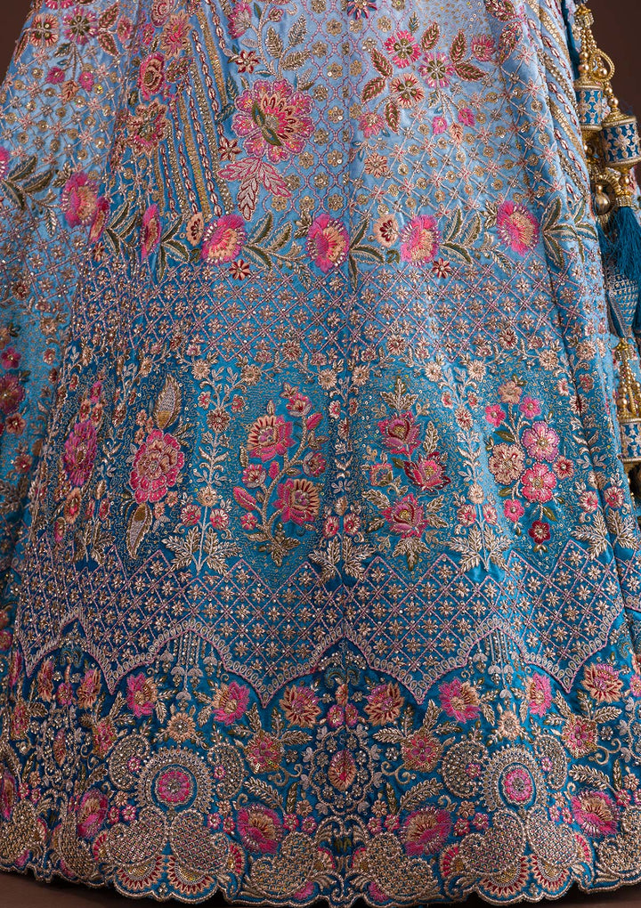 Peacock Blue Zariwork Velvet Designer Lehenga-Koskii