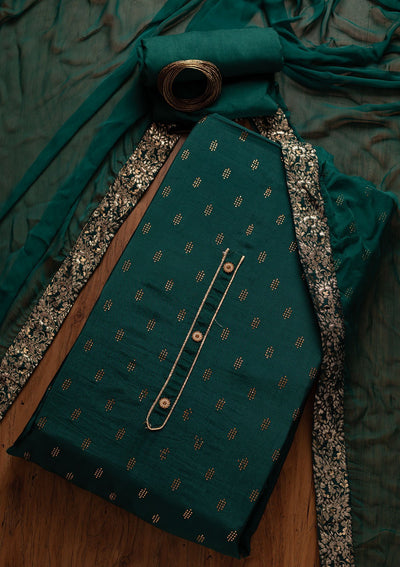 Peacock Green Swarovski Satin Designer Unstitched Salwar Suit - koskii